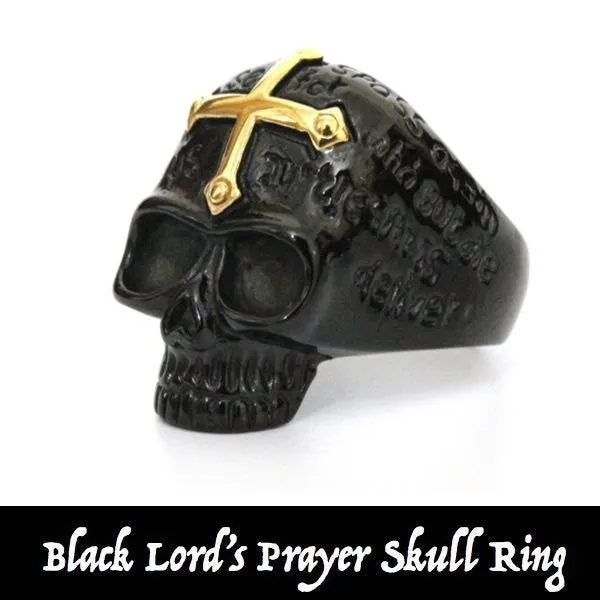 BLACK 'Lords Prayer' Skull Ring with Gold Cross on Forehead (#455)