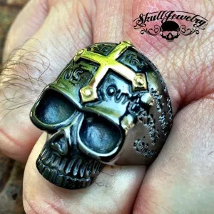 BLACK 'Lords Prayer' Skull Ring with Gold Cross on Forehead (#455)
