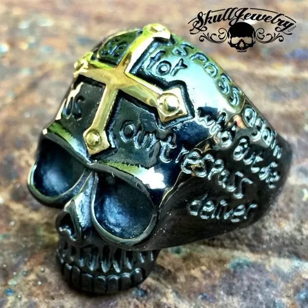BLACK 'Lords Prayer' Skull Ring with Gold Cross on Forehead (#455)