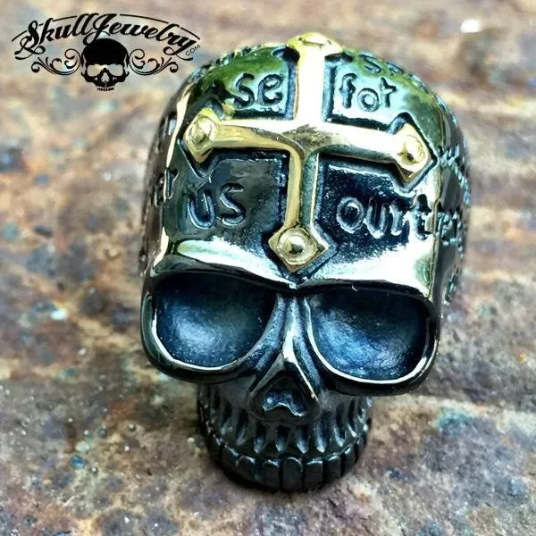 BLACK 'Lords Prayer' Skull Ring with Gold Cross on Forehead (#455)