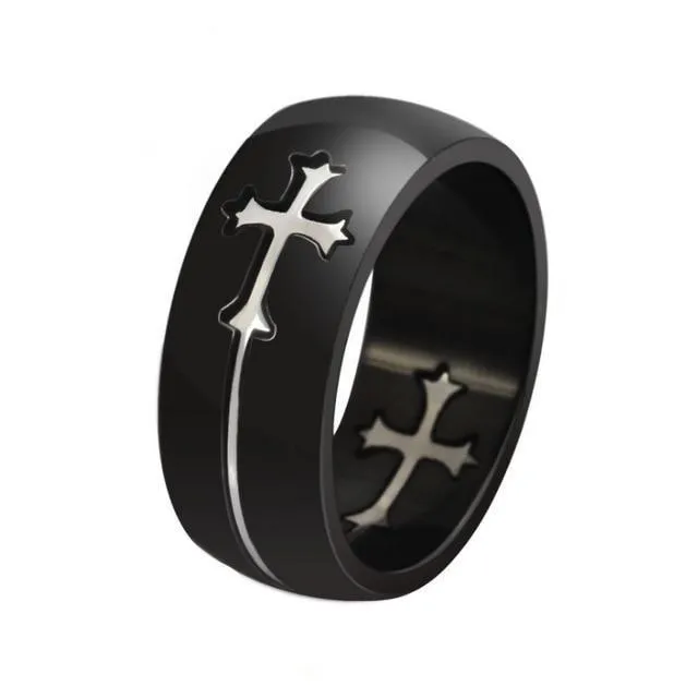 Black Stainless Steel Gold or Silver Cross Ring for Men