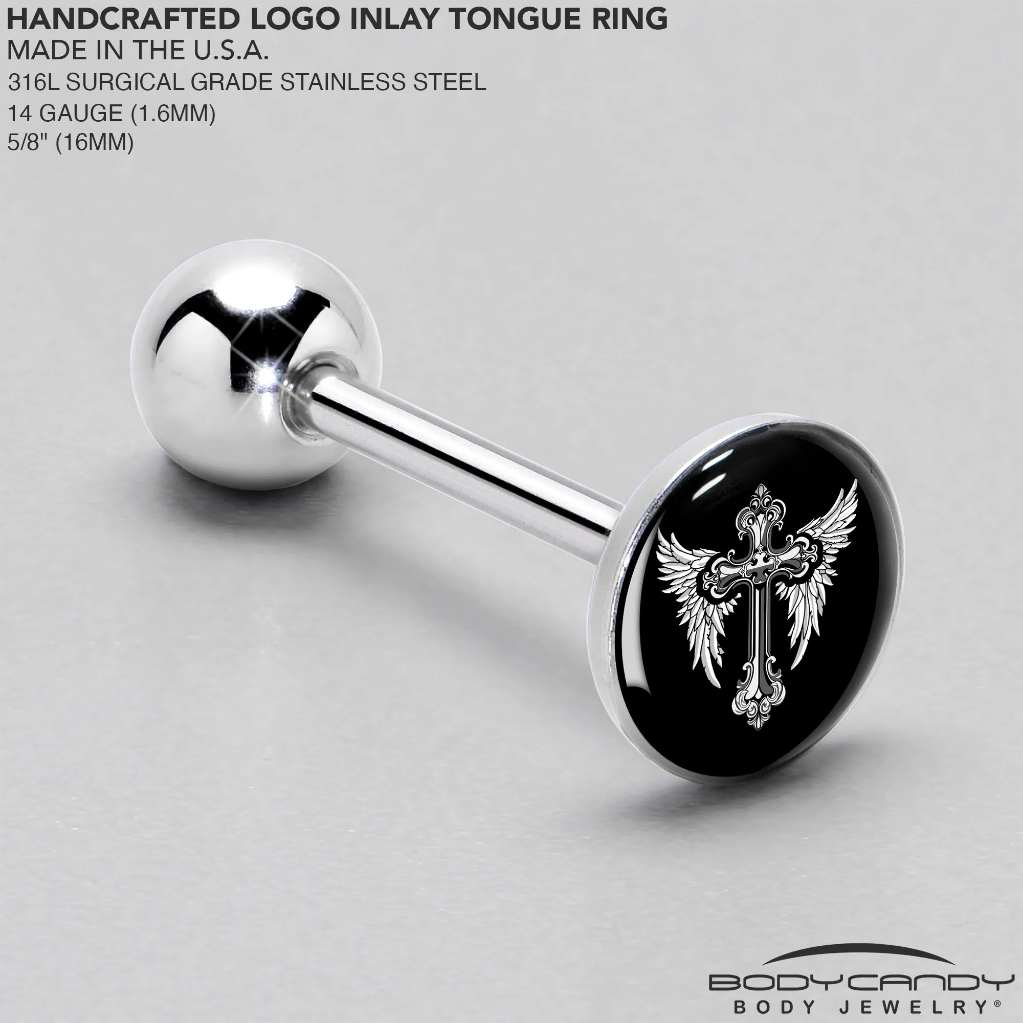 Black White Winged Cross Barbell Tongue Ring