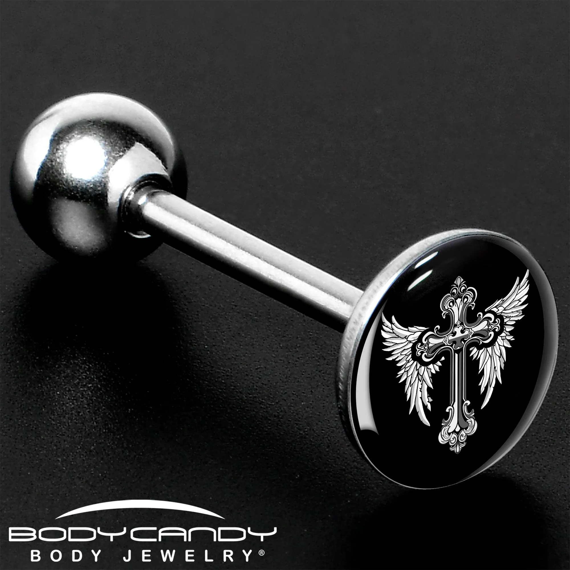 Black White Winged Cross Barbell Tongue Ring