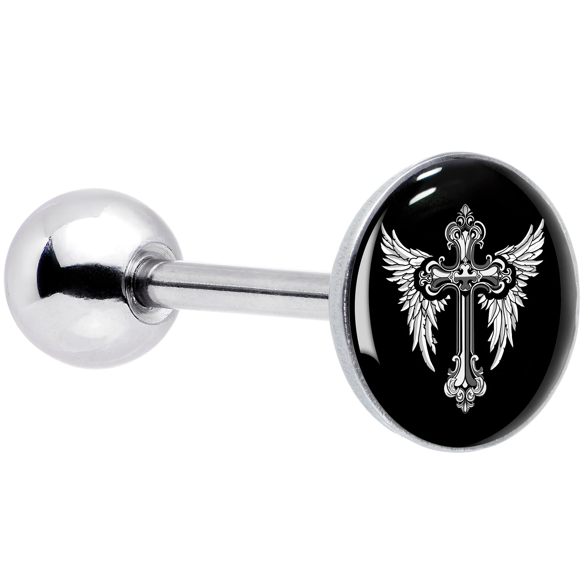 Black White Winged Cross Barbell Tongue Ring