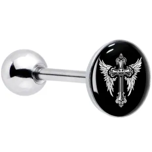 Black White Winged Cross Barbell Tongue Ring