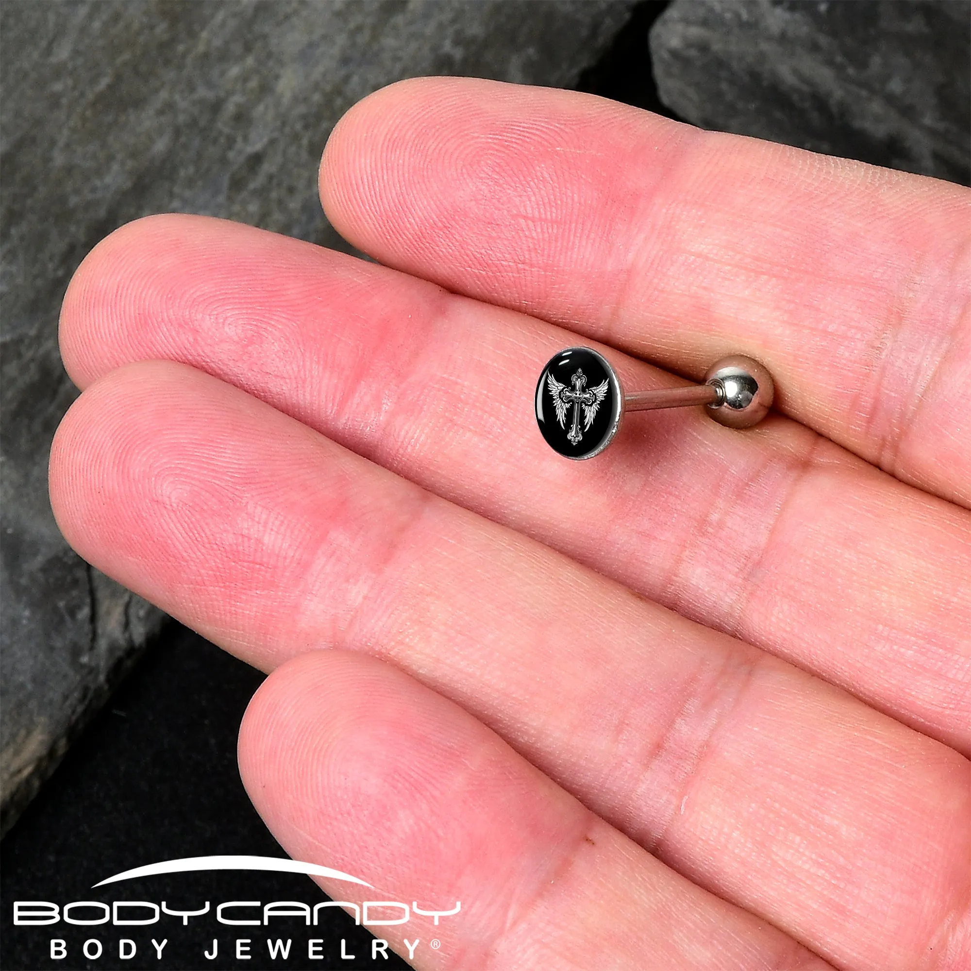 Black White Winged Cross Barbell Tongue Ring