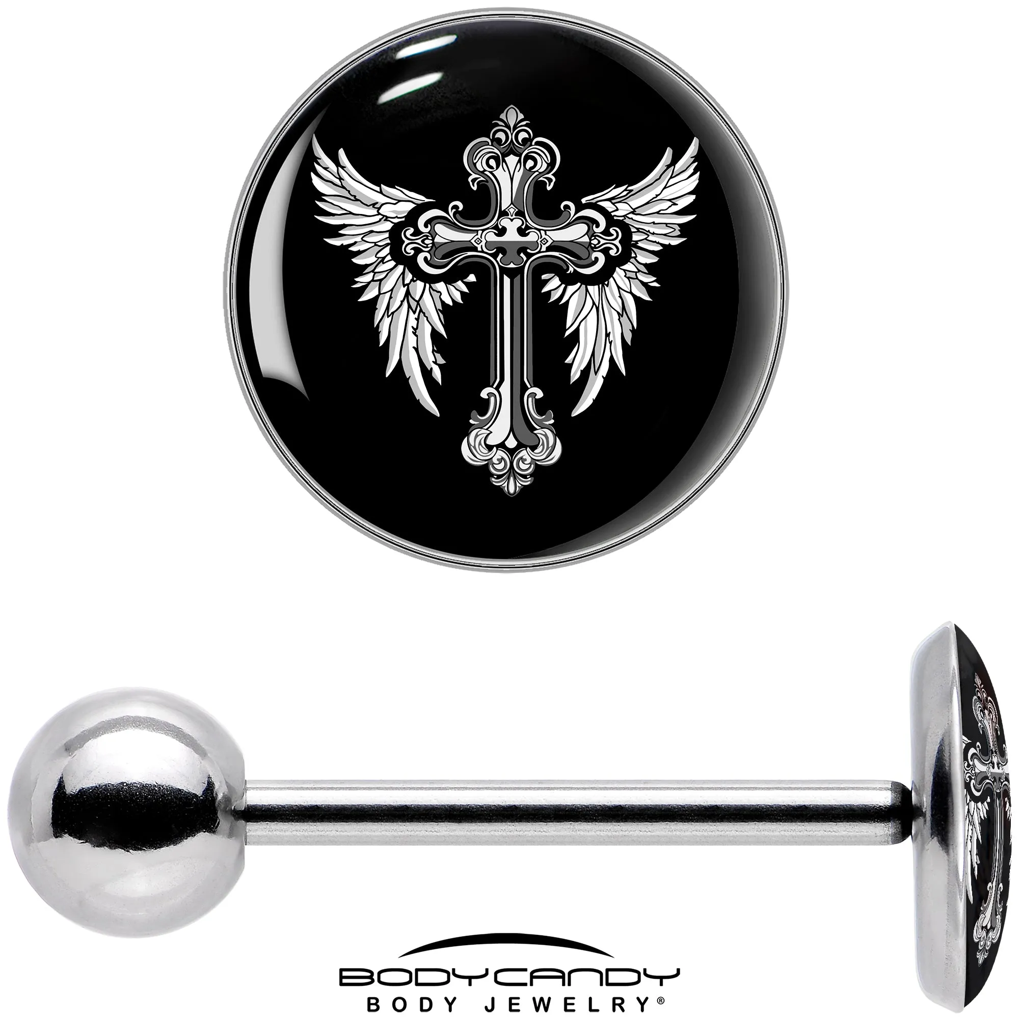 Black White Winged Cross Barbell Tongue Ring