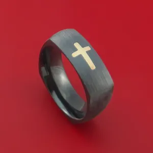 Black Zirconium and 14K Yellow Gold Christian Cross Ring Custom Made Band