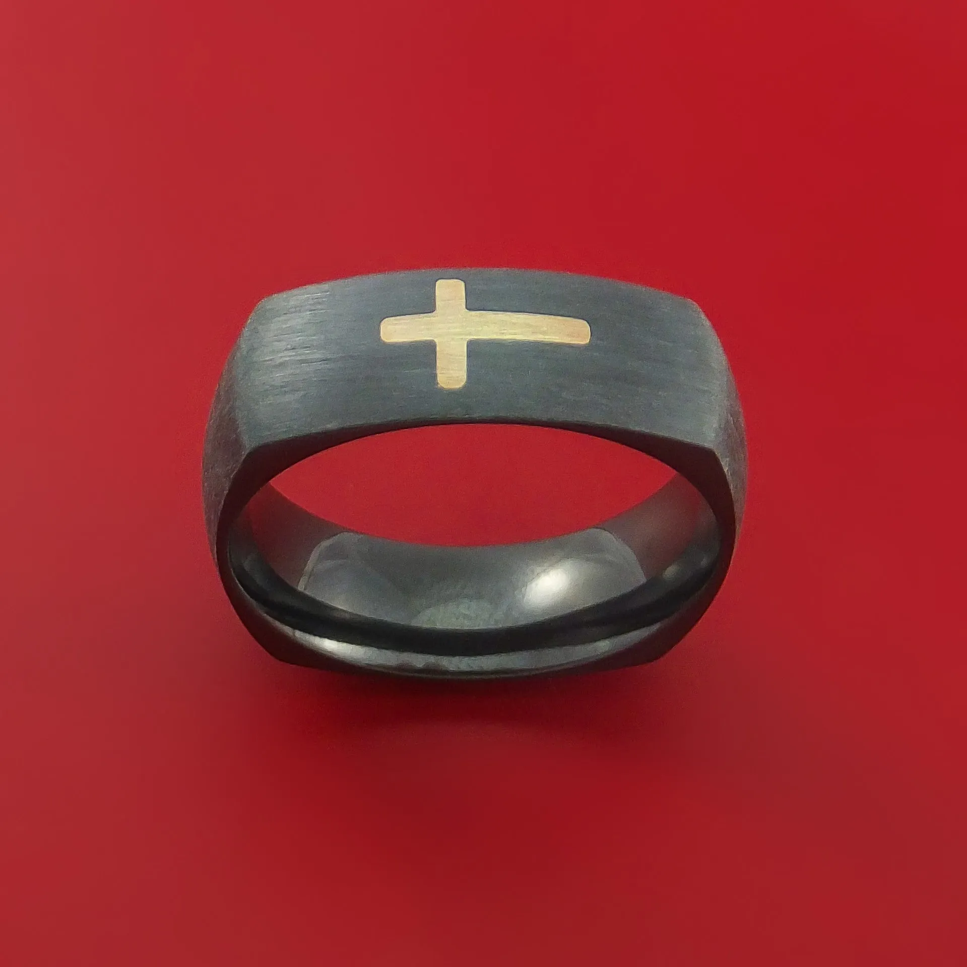 Black Zirconium and 14K Yellow Gold Christian Cross Ring Custom Made Band