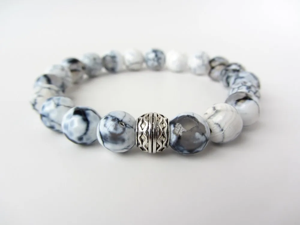 Blue, Gray, & White Fire Agate Mens Bracelet