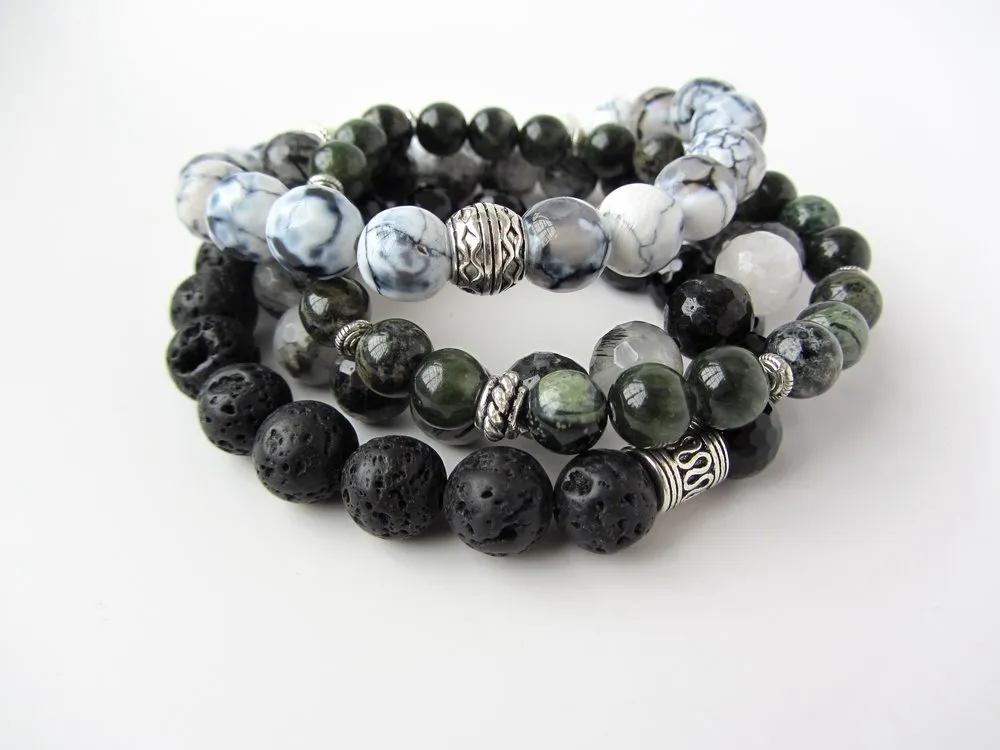 Blue, Gray, & White Fire Agate Mens Bracelet