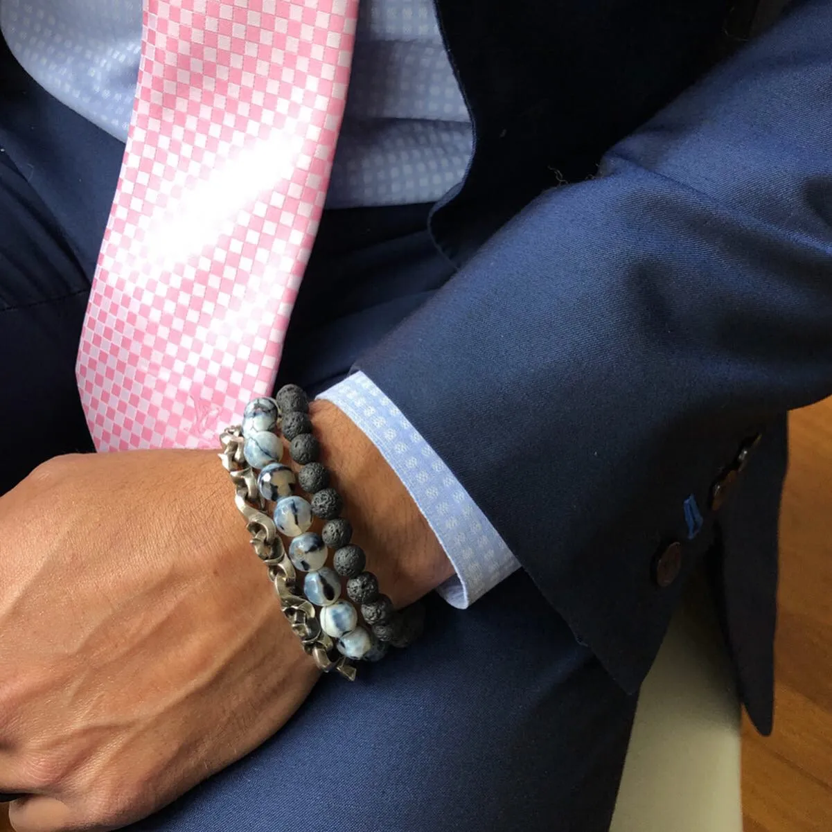 Blue, Gray, & White Fire Agate Mens Bracelet