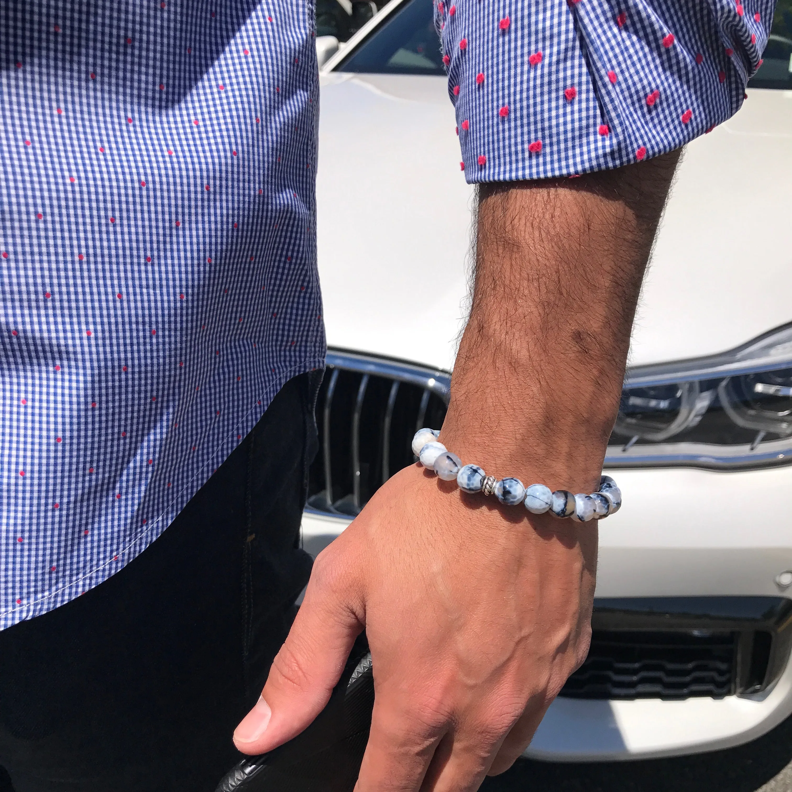 Blue, Gray, & White Fire Agate Mens Bracelet