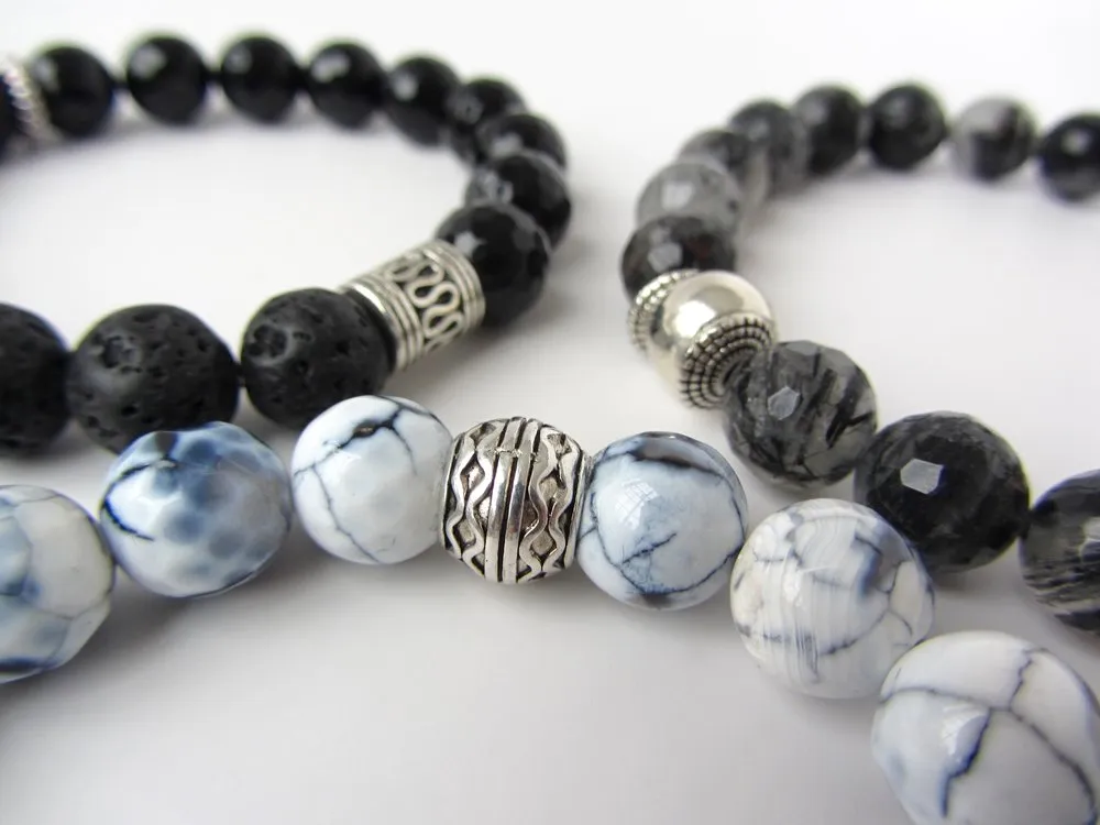 Blue, Gray, & White Fire Agate Mens Bracelet