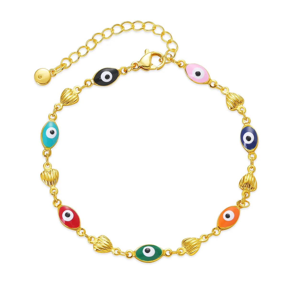 Blue Multicolor Enamel & 18K Gold-Plated Evil Eye Hearts Station Bracelet