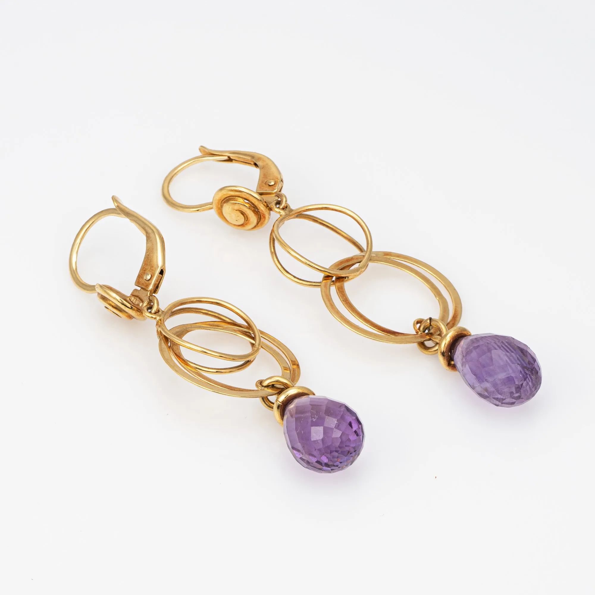 Briolette Amethyst Drop Earrings Estate 18k Yellow Gold 2.25" Long Circles