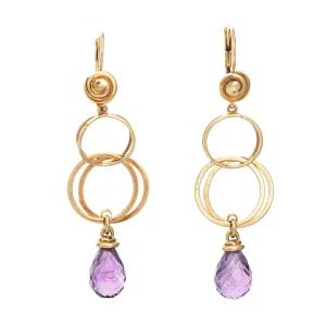 Briolette Amethyst Drop Earrings Estate 18k Yellow Gold 2.25" Long Circles