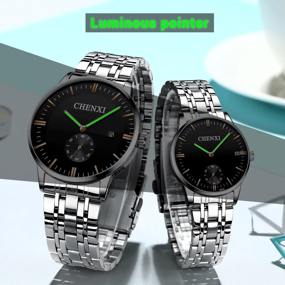 CHENXI Lover&#39;s Wristwatches Women Fashion Watches Men or Lady Quartz Watch Silver Stainless steel Waterproof Clock Date Watches