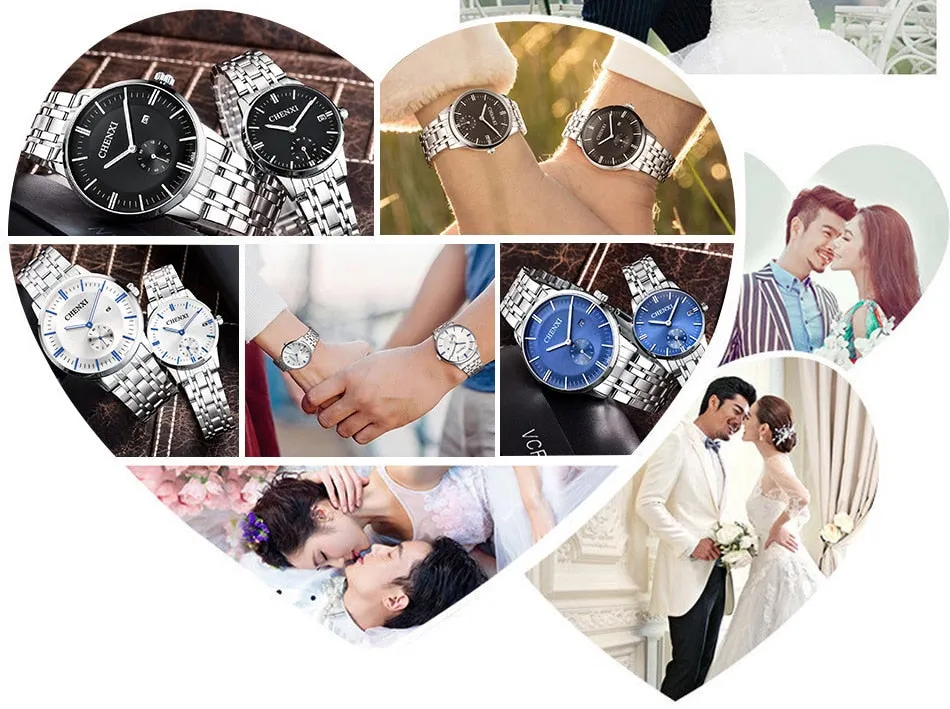 CHENXI Lover&#39;s Wristwatches Women Fashion Watches Men or Lady Quartz Watch Silver Stainless steel Waterproof Clock Date Watches