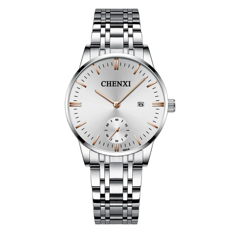 CHENXI Lover&#39;s Wristwatches Women Fashion Watches Men or Lady Quartz Watch Silver Stainless steel Waterproof Clock Date Watches