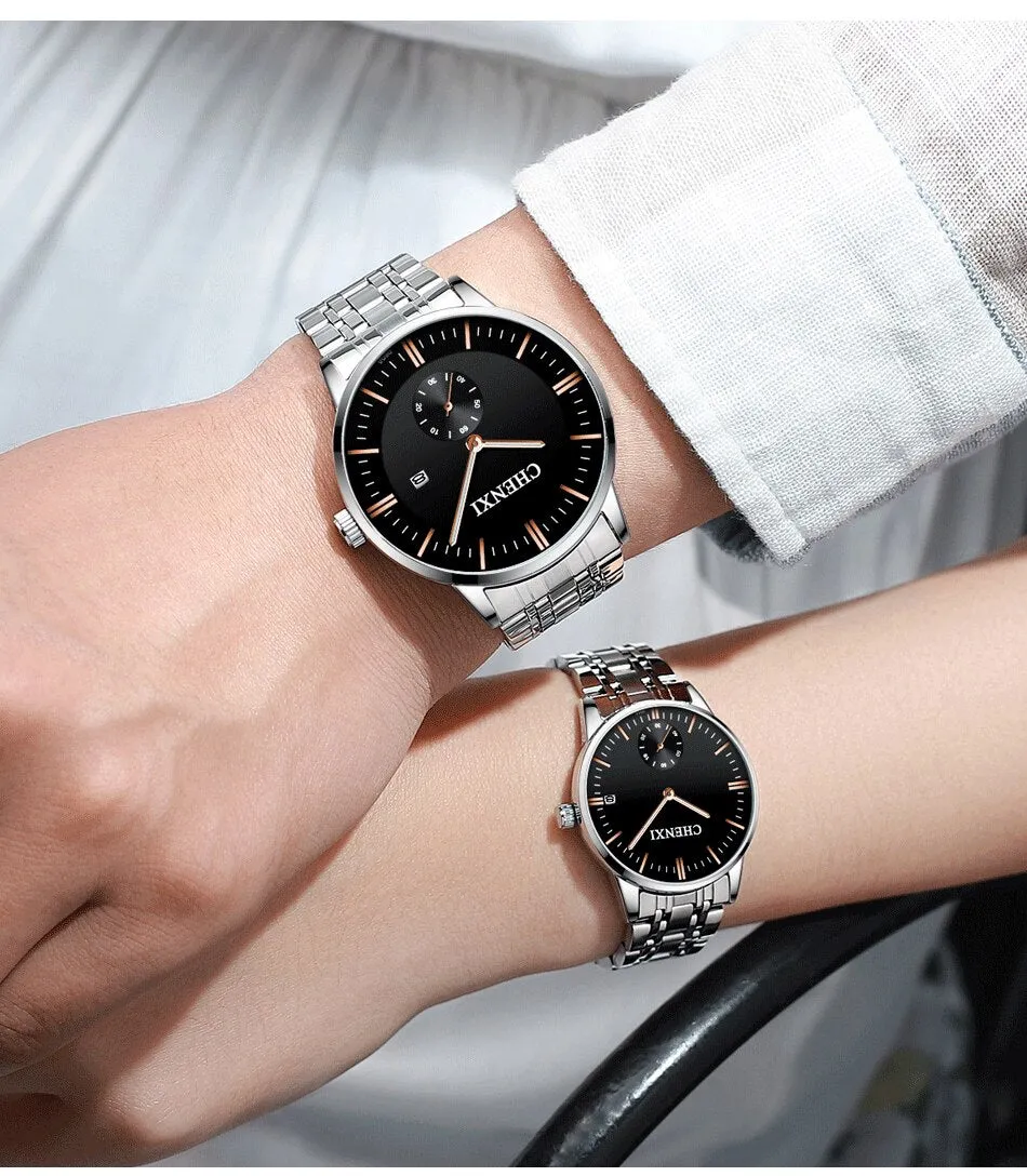 CHENXI Lover&#39;s Wristwatches Women Fashion Watches Men or Lady Quartz Watch Silver Stainless steel Waterproof Clock Date Watches