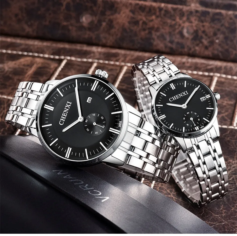 CHENXI Lover&#39;s Wristwatches Women Fashion Watches Men or Lady Quartz Watch Silver Stainless steel Waterproof Clock Date Watches