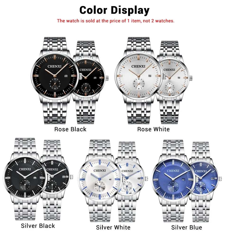 CHENXI Lover&#39;s Wristwatches Women Fashion Watches Men or Lady Quartz Watch Silver Stainless steel Waterproof Clock Date Watches