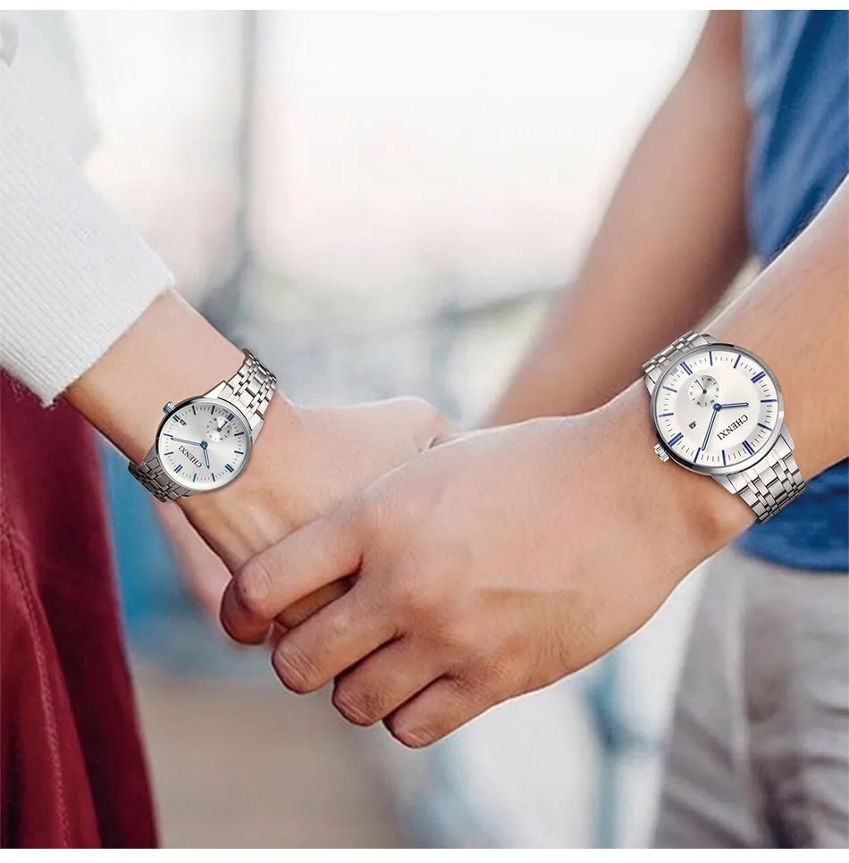 CHENXI Lover&#39;s Wristwatches Women Fashion Watches Men or Lady Quartz Watch Silver Stainless steel Waterproof Clock Date Watches