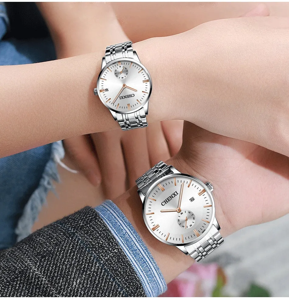 CHENXI Lover&#39;s Wristwatches Women Fashion Watches Men or Lady Quartz Watch Silver Stainless steel Waterproof Clock Date Watches