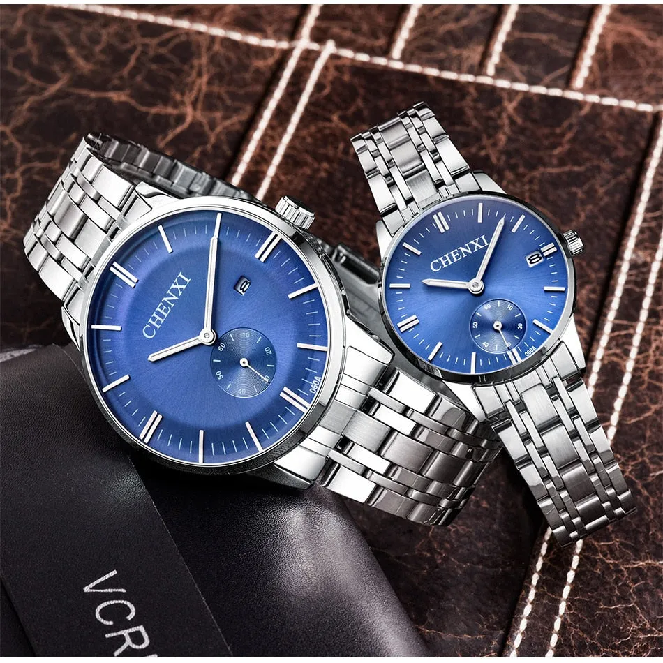 CHENXI Lover&#39;s Wristwatches Women Fashion Watches Men or Lady Quartz Watch Silver Stainless steel Waterproof Clock Date Watches