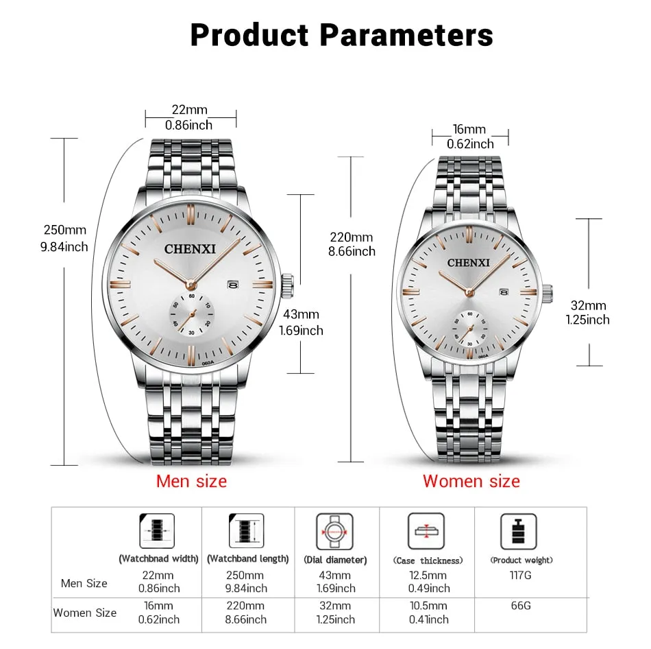CHENXI Lover&#39;s Wristwatches Women Fashion Watches Men or Lady Quartz Watch Silver Stainless steel Waterproof Clock Date Watches