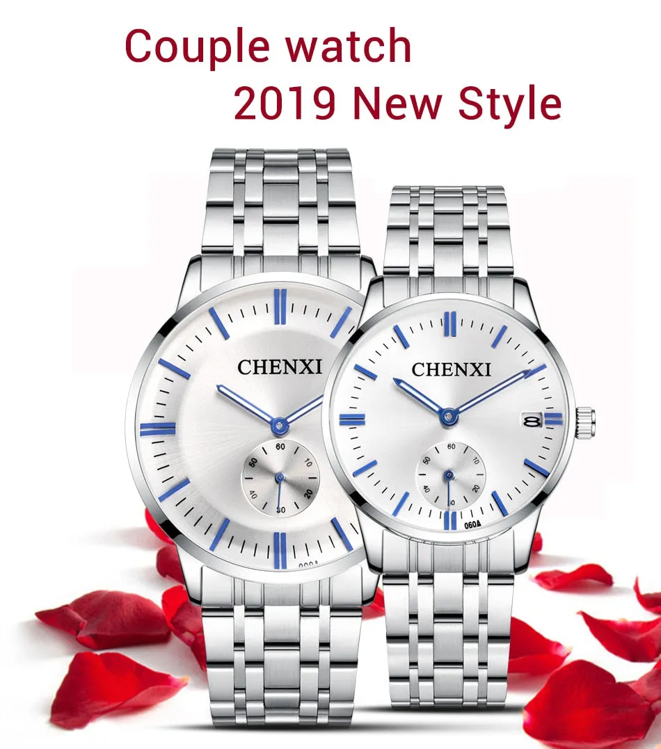 CHENXI Lover&#39;s Wristwatches Women Fashion Watches Men or Lady Quartz Watch Silver Stainless steel Waterproof Clock Date Watches