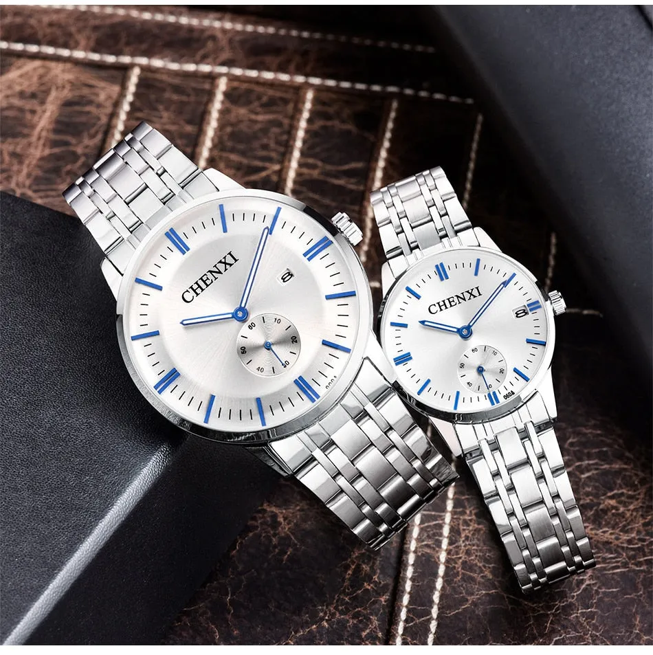 CHENXI Lover&#39;s Wristwatches Women Fashion Watches Men or Lady Quartz Watch Silver Stainless steel Waterproof Clock Date Watches