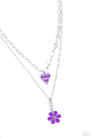 Childhood Charms - Purple - Heart and Flower Charm Tiered Paparazzi Short Necklace