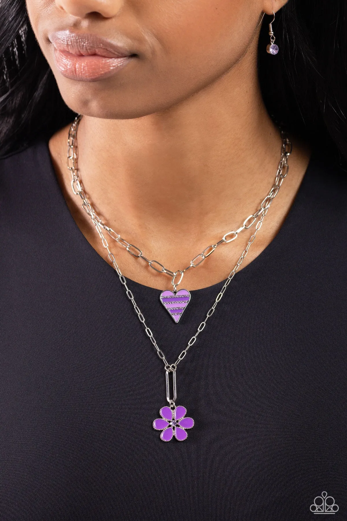 Childhood Charms - Purple - Heart and Flower Charm Tiered Paparazzi Short Necklace