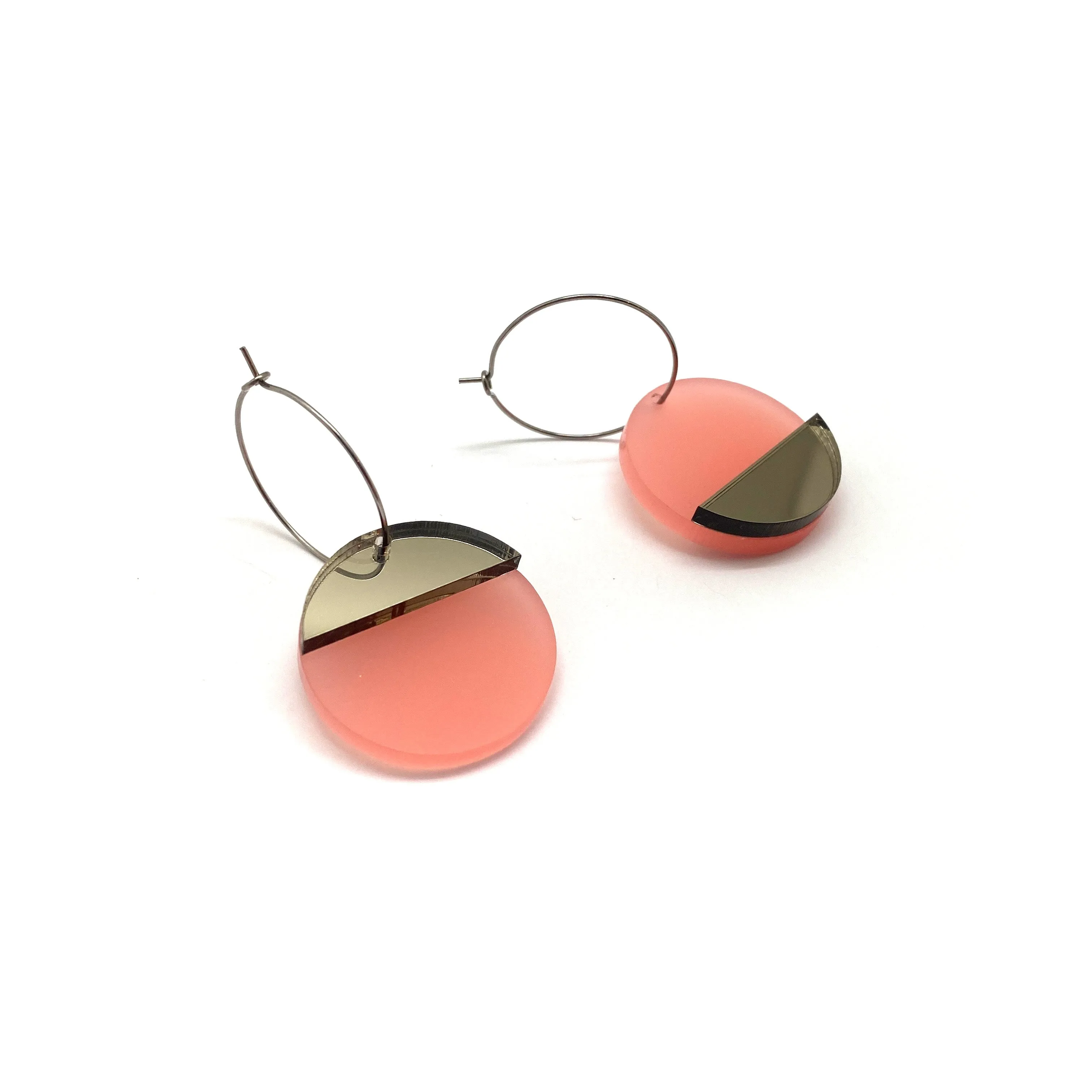 Circular Pink & Pewter Mirror Earrings - Small