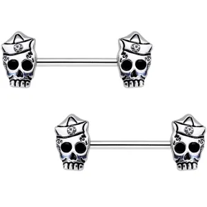 Clear CZ Gem First Mate Skull Barbell Nipple Ring Set
