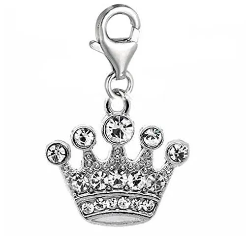 Clip on Rhinestone Crown Dangle Charm Pendant for European Clip on Charm Jewelry w/ Lobster Clasp