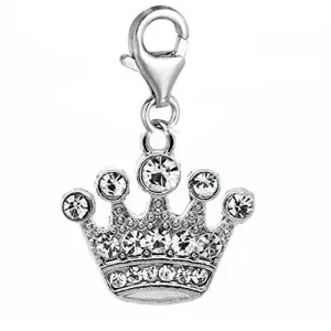 Clip on Rhinestone Crown Dangle Charm Pendant for European Clip on Charm Jewelry w/ Lobster Clasp