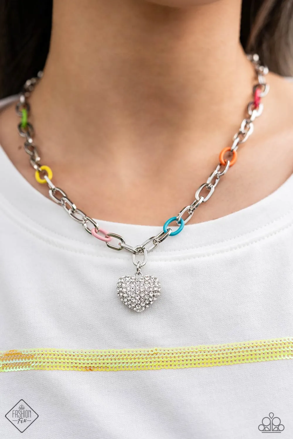 Colorful Candidate - Multi - Colored Paperclip Chain White Rhinestone Heart Paparazzi Short Necklace - October 2023 Glimpses of Malibu