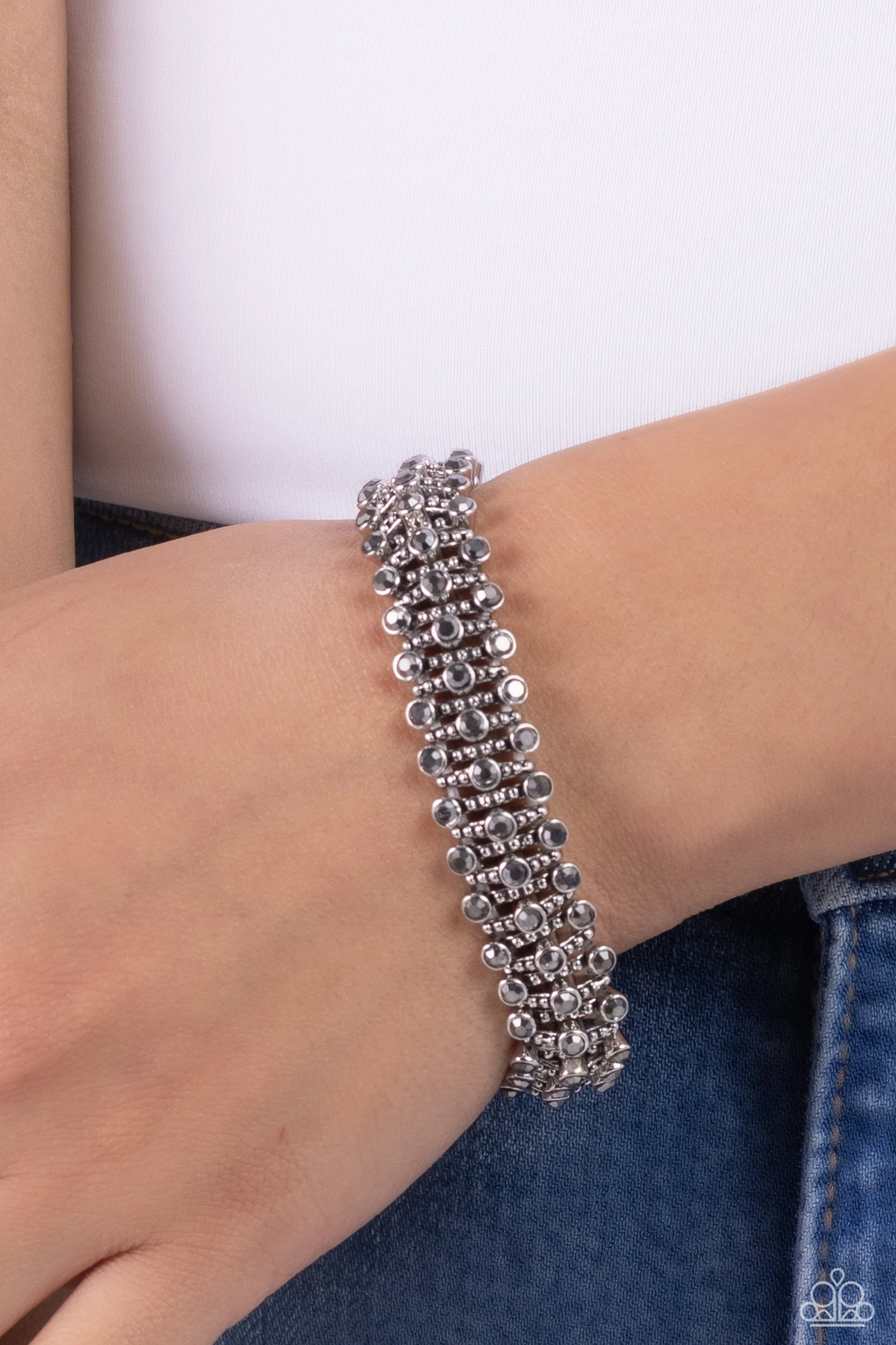 Corporate Confidence - Silver - Studded Bar Hematite Rhinestone Paparazzi Stretchy Bracelet