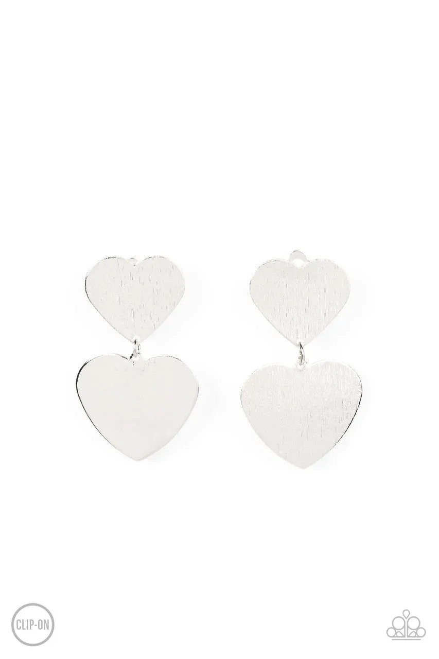 Cowgirl Crush - Silver - Double Heart Paparazzi Clip-On Earrings