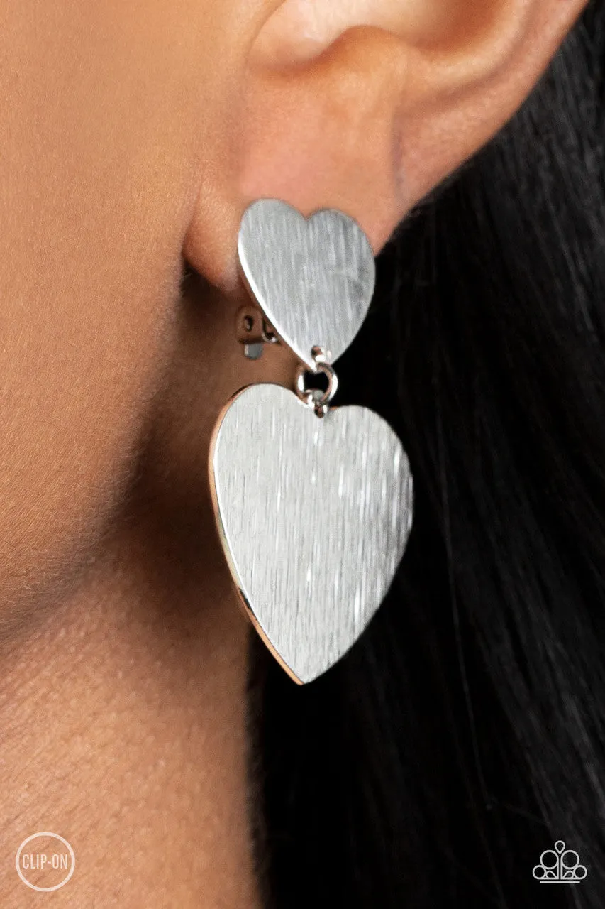 Cowgirl Crush - Silver - Double Heart Paparazzi Clip-On Earrings
