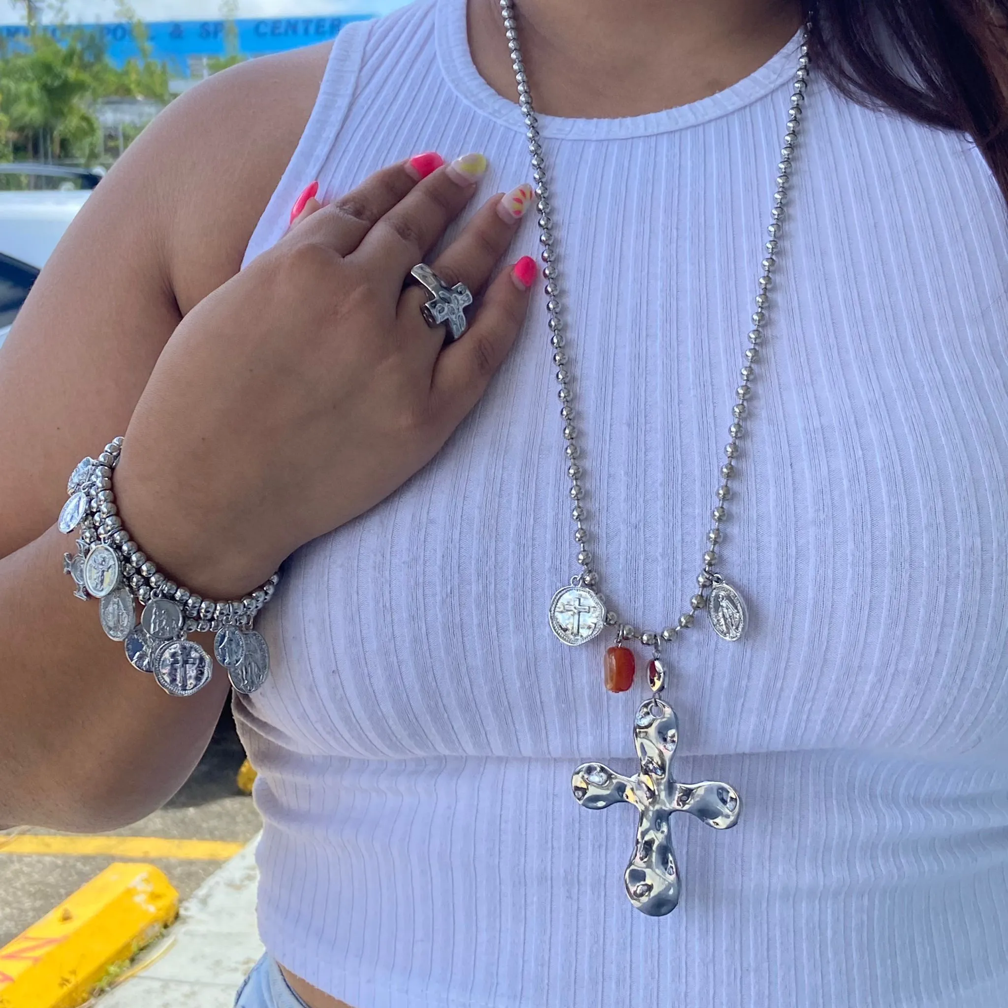Cross With Mix Charm Silver Plated Bracalet
