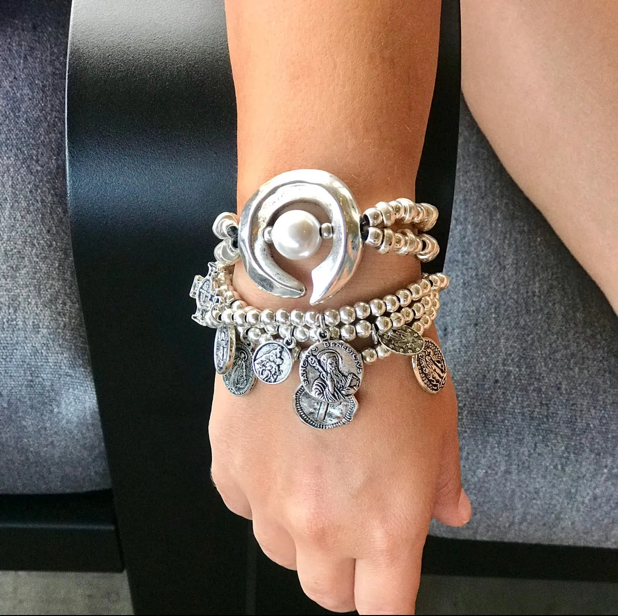 Cross With Mix Charm Silver Plated Bracalet