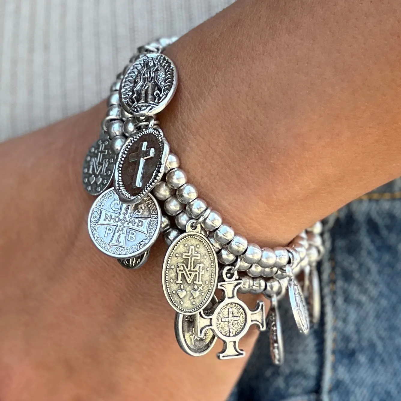 Cross With Mix Charm Silver Plated Bracalet