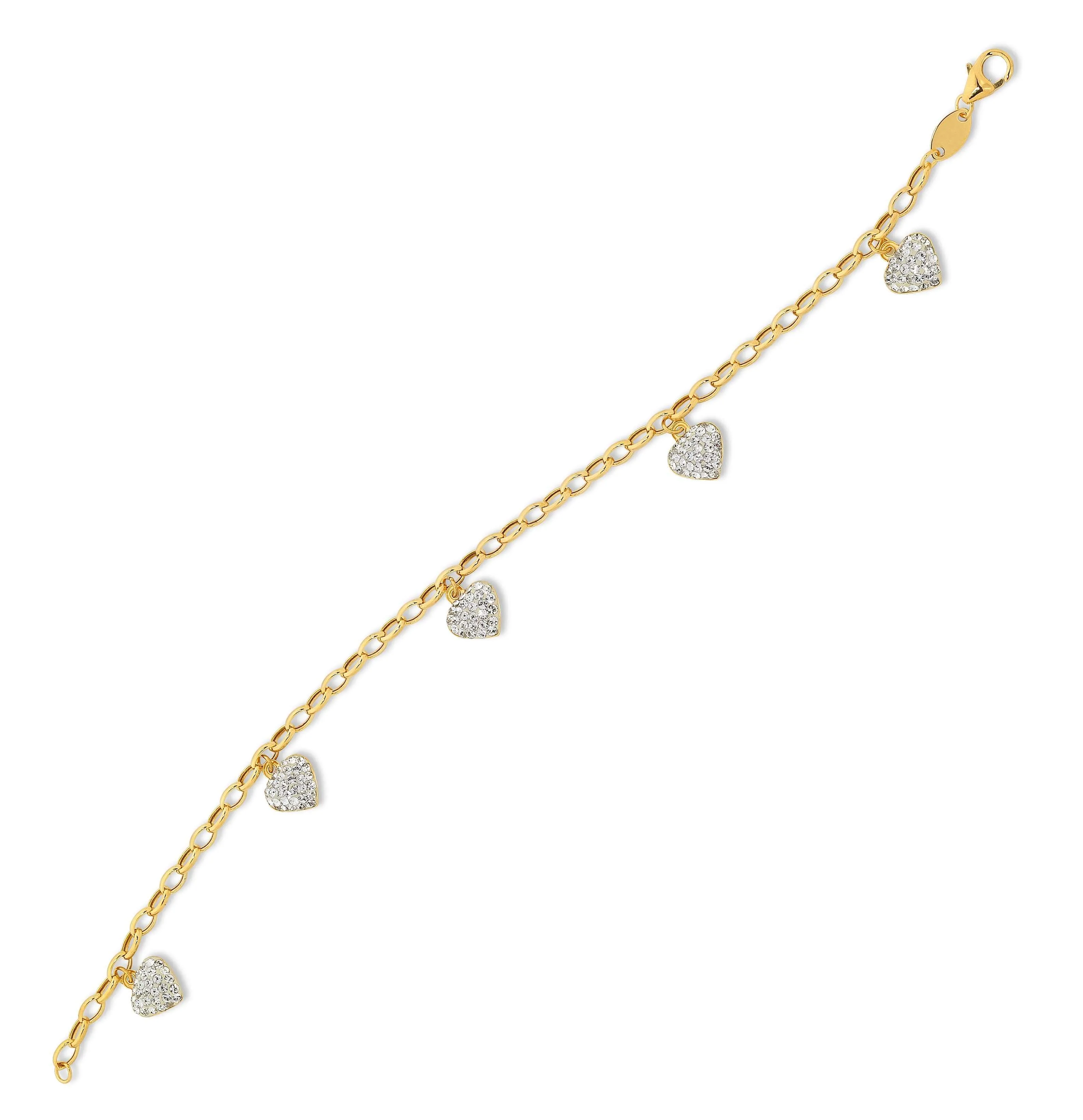 Crystal Heart Charm Bracelet in 9ct Yellow Gold