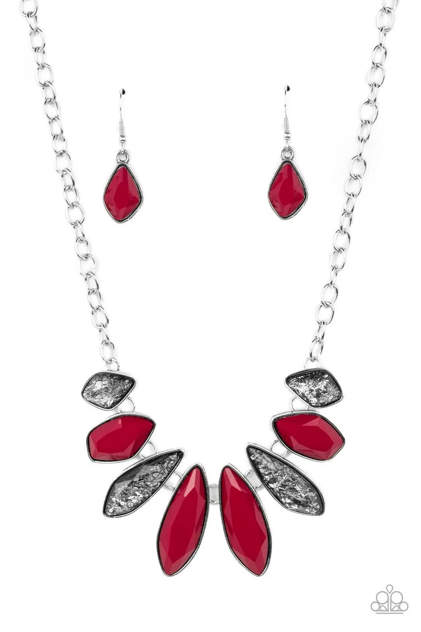 Crystallized Couture - Red - Asymmetrical Bead and Glittery Gem Statement Paparazzi Short Necklace