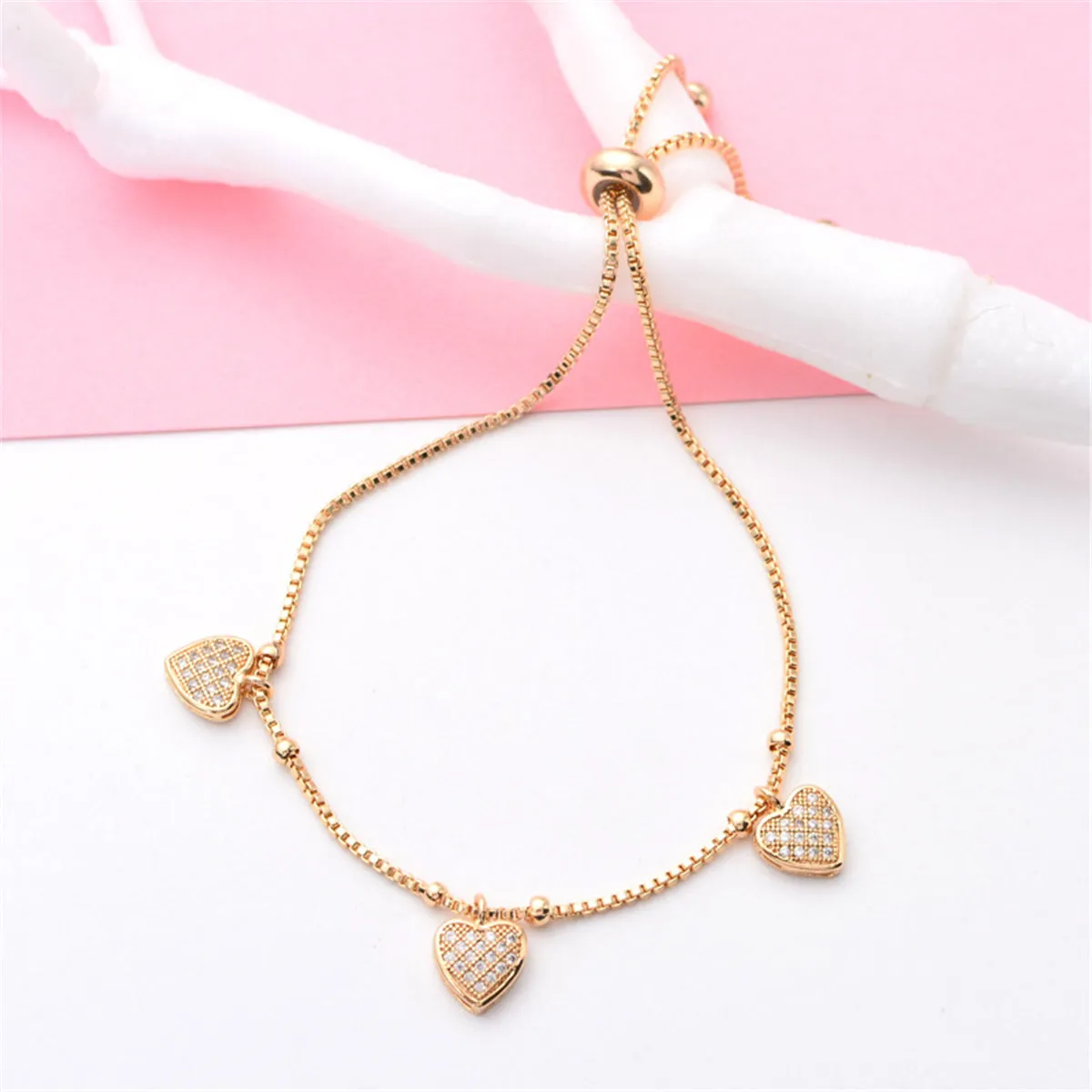 Cubic Zirconia & 18K Gold-Plated Heart Station Adjustable Bracelet