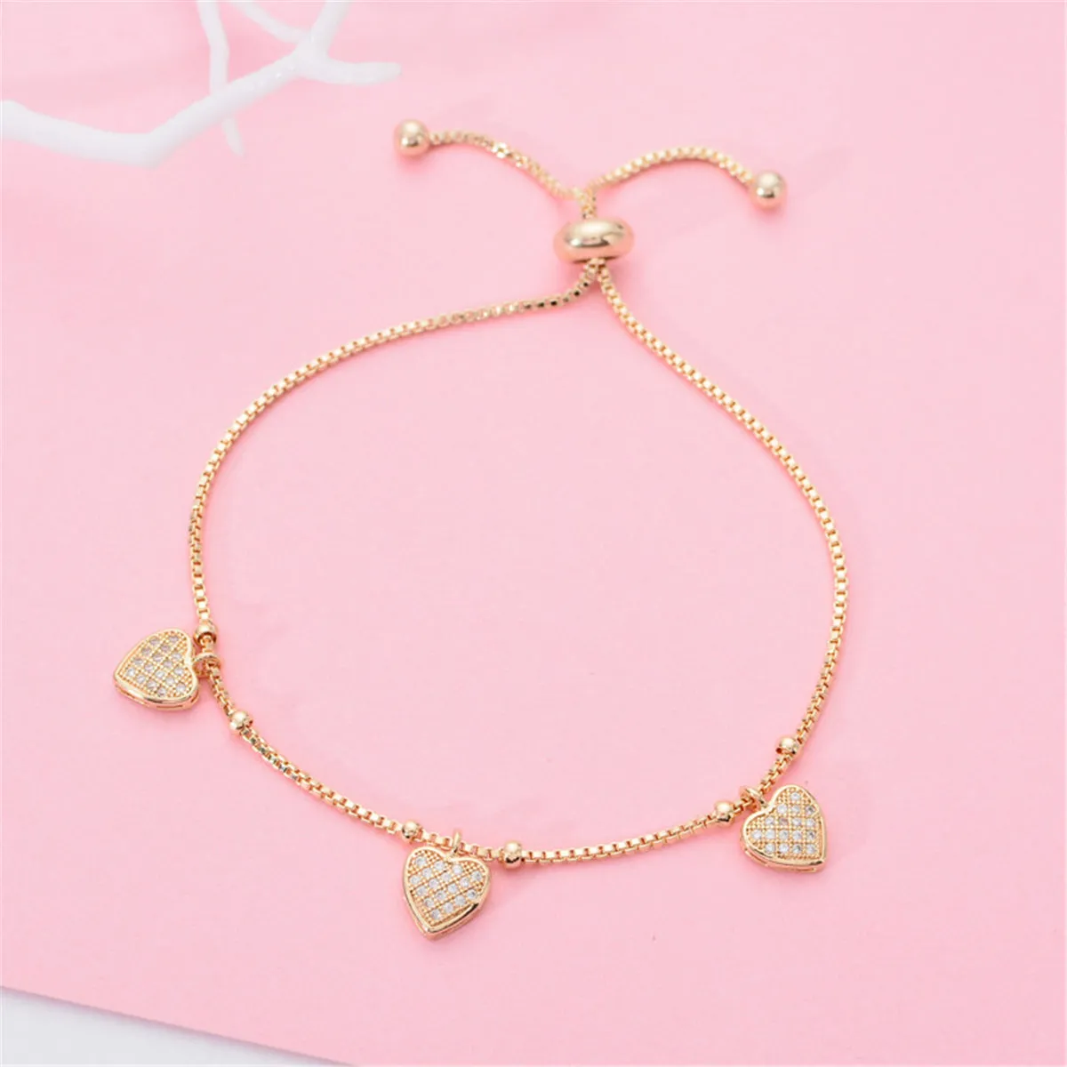 Cubic Zirconia & 18K Gold-Plated Heart Station Adjustable Bracelet